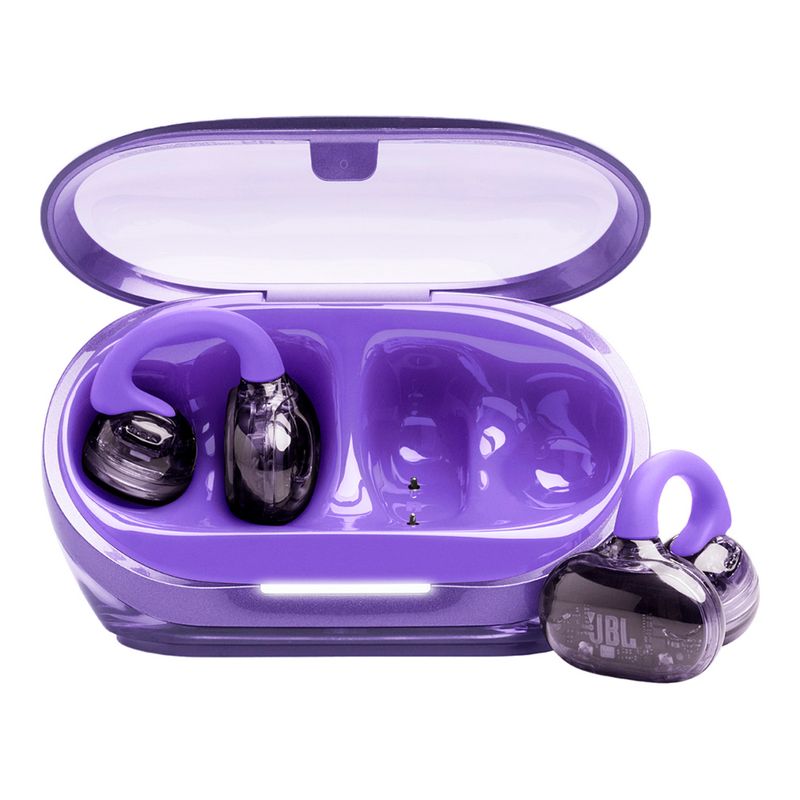 Audífonos JBL SoundGear Clips con Bluetooth con estuche púrpura vista frontal