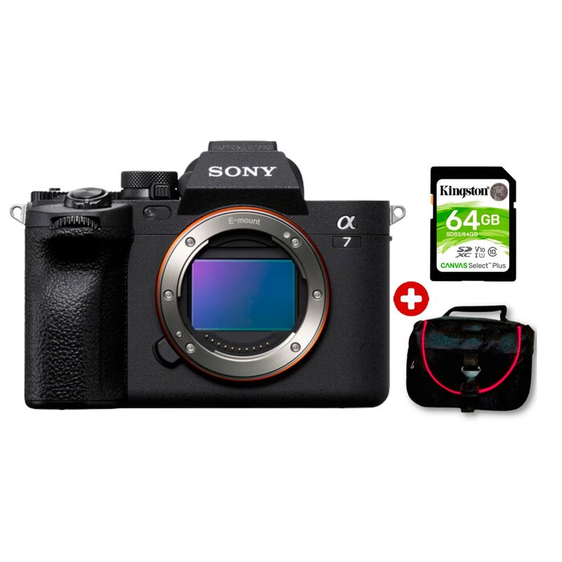 Cámara mirrorless Sony Alpha a7 IV 33MP video 4K cuerpo solo negro vista frontal con kit básico