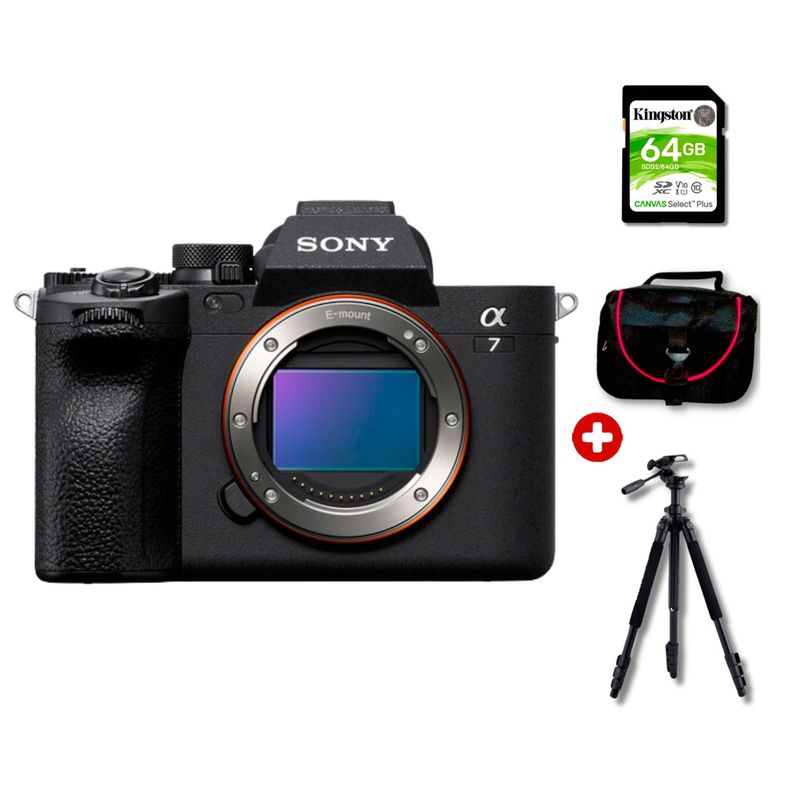 Cámara mirrorless Sony Alpha a7 IV 33MP video 4K cuerpo solo negro con kit deluxe completo y trípode vista frontal