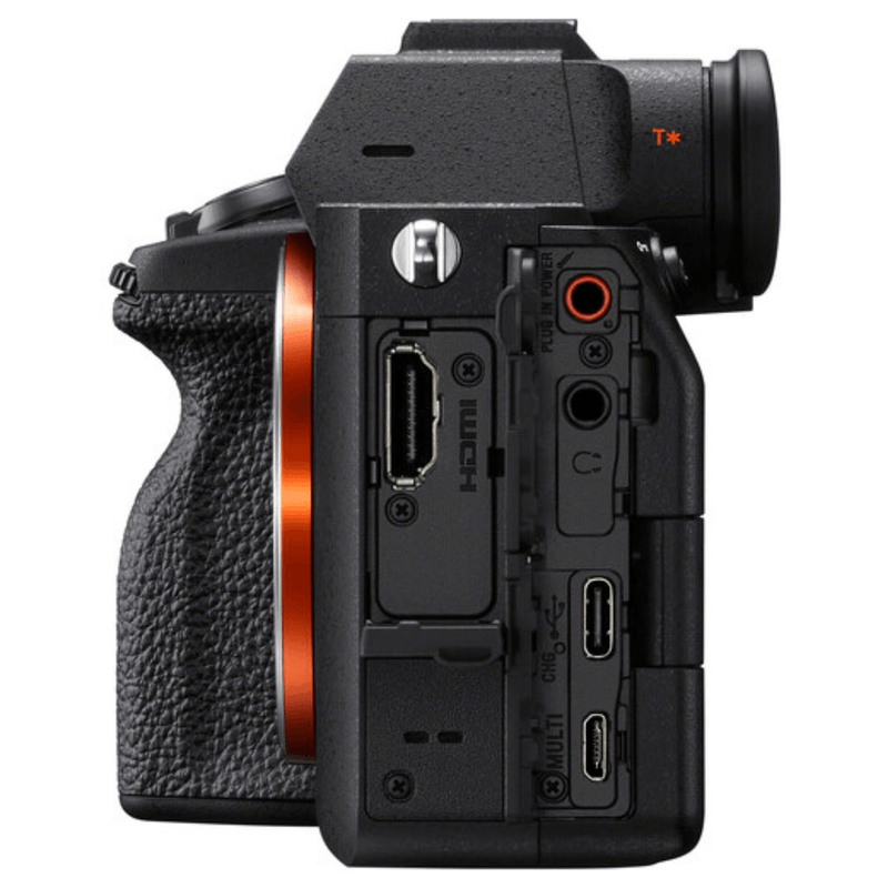 Cámara mirrorless Sony Alpha a7 IV 33MP video 4K cuerpo solo negro con kit deluxe completo y trípode vista lateral