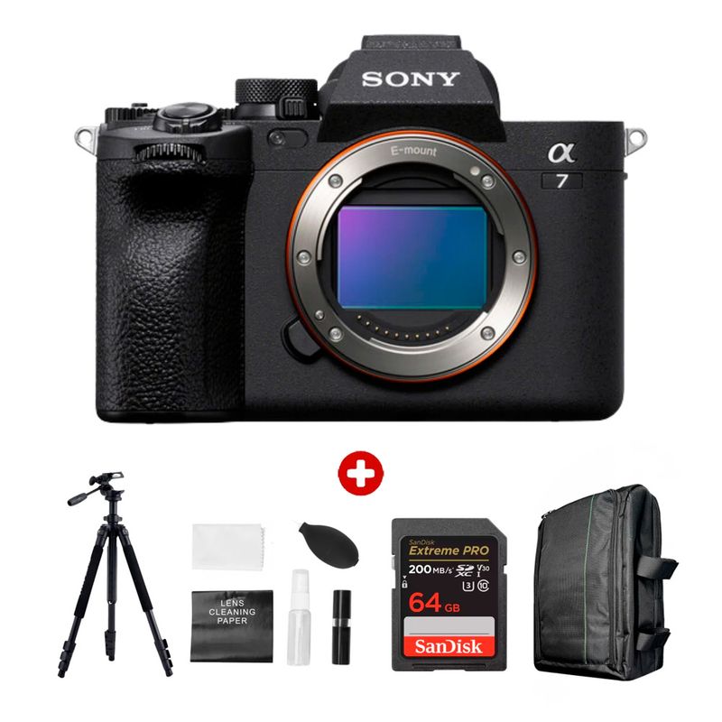 Cámara mirrorless Sony Alpha a7 IV 33MP video 4K cuerpo solo negro con kit ultimate mochila trípode vista frontal