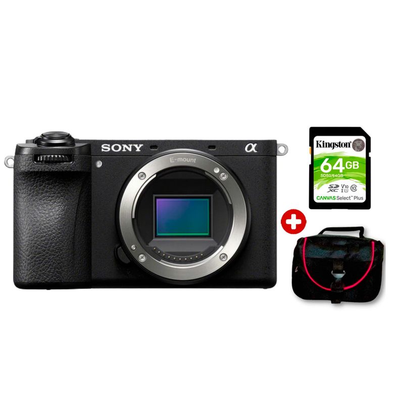 Cámara mirrorless Sony Alpha a6700 26MP video 4K cuerpo solo negro con kit básico vista frontal