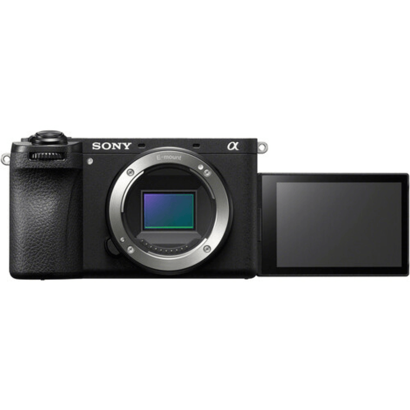 Cámara mirrorless Sony Alpha a6700 26MP video 4K cuerpo solo negro con kit básico vista frontal