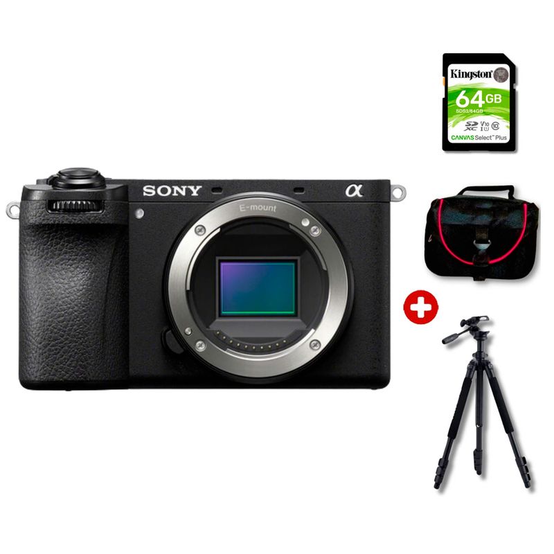 Cámara mirrorless Sony Alpha a6700 26MP video 4K cuerpo solo negro con kit deluxe y trípode profesional vista kit
