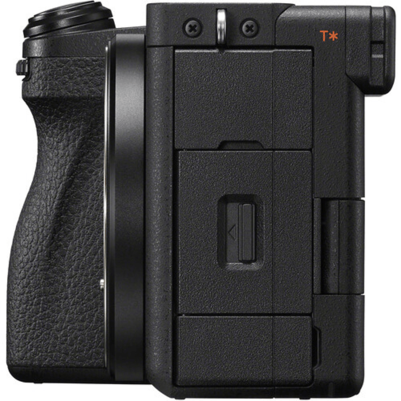 Cámara mirrorless Sony Alpha a6700 26MP video 4K cuerpo solo negro con kit deluxe y trípode profesional vista lateral