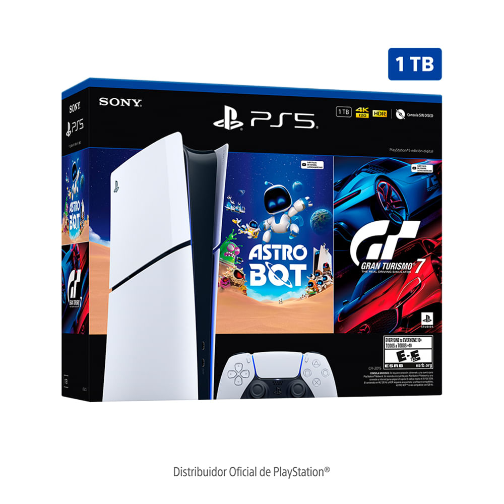 Consola PlayStation 5 Slim Edición Digital Bundle Gran Turismo 7 + Astro Bot, SSD 1TB, gráficos 4K, audio 3D, control DualSense
