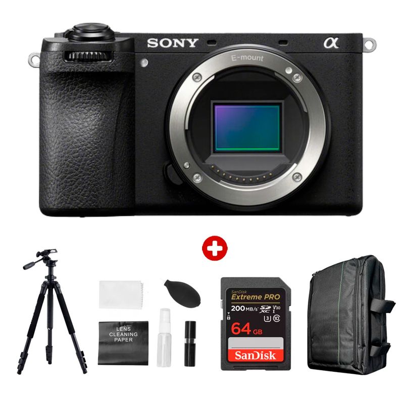 Cámara mirrorless Sony Alpha a6700 26MP video 4K cuerpo solo negro con kit ultimate mochila trípode vista frontal