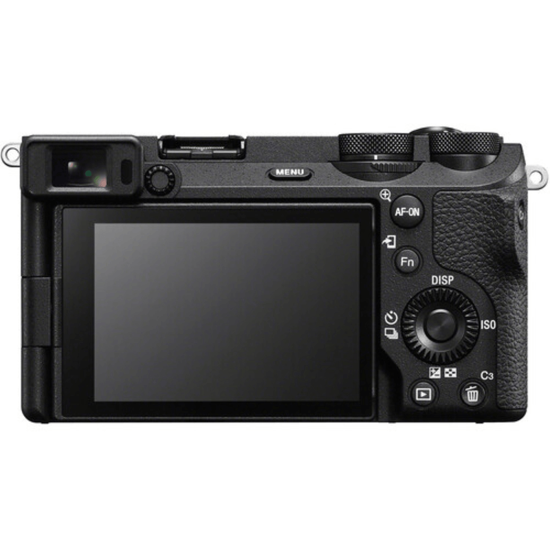 Cámara mirrorless Sony Alpha a6700 26MP video 4K cuerpo solo negro con kit ultimate mochila trípode vista posterior