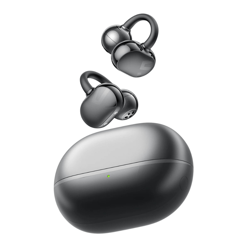 Audífonos Bluetooth True Wireless SoundPeats Pop Clip open ear IPX5 negro vista lateral con estuche de carga