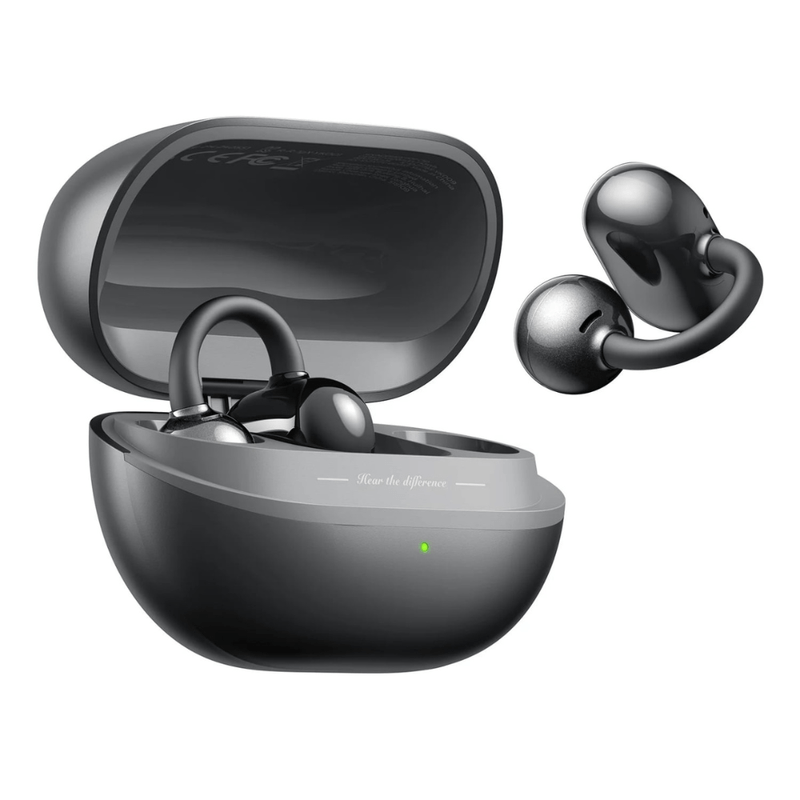 Audífonos Bluetooth True Wireless SoundPeats Pop Clip open ear IPX5 negro vista lateral con estuche de carga