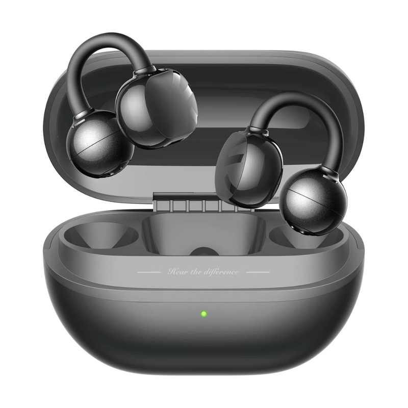 Audífonos Bluetooth True Wireless SoundPeats Pop Clip open ear IPX5 negro vista lateral con estuche de carga