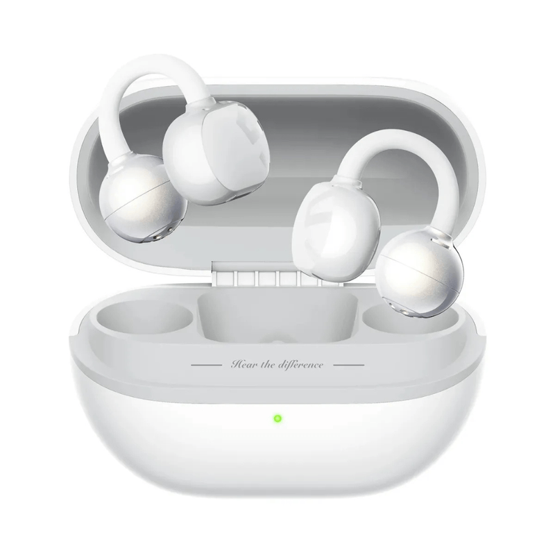 Audífonos Bluetooth True Wireless SoundPeats Pop Clip open ear IPX5 blanco vista frontal con estuche de carga
