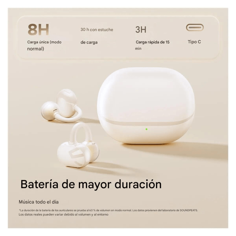 Audífonos Bluetooth True Wireless SoundPeats Pop Clip open ear IPX5 blanco vista frontal con estuche de carga