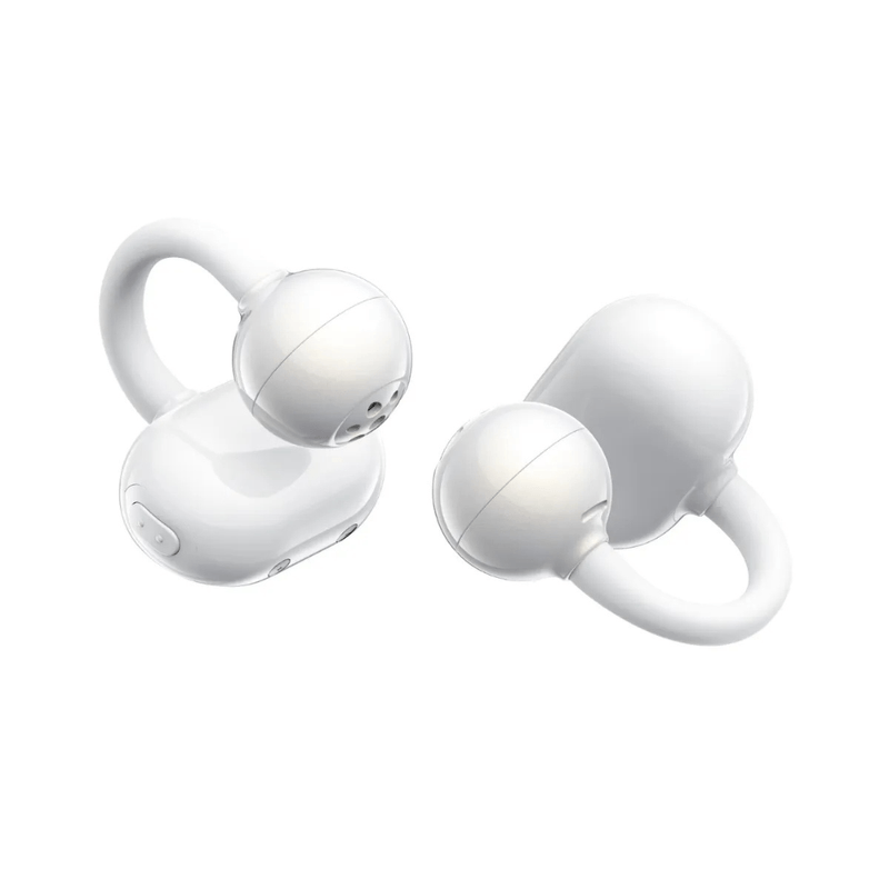 Audífonos Bluetooth True Wireless SoundPeats Pop Clip open ear IPX5 blanco vista frontal con estuche de carga