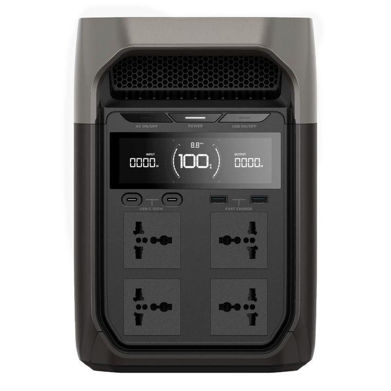 Estación de energía portátil EcoFlow Delta 3 1800W 1024Wh recargable gris oscuro vista frontal uso doméstico y exterior