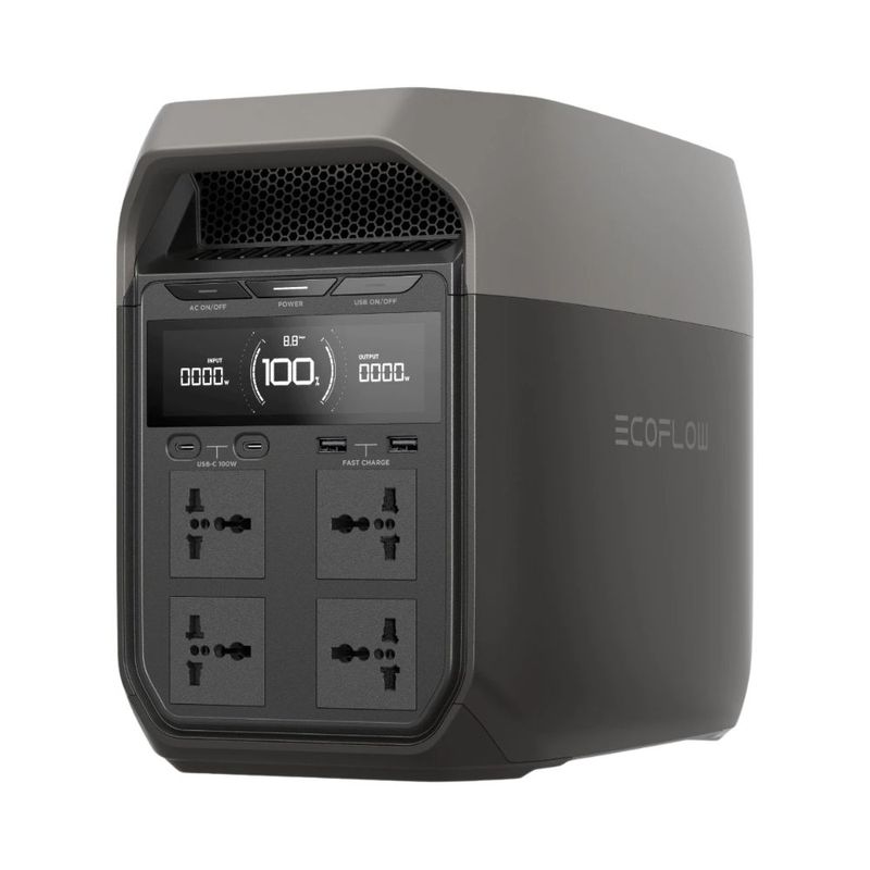 Estación de energía portátil EcoFlow Delta 3 1800W 1024Wh recargable gris oscuro vista frontal uso doméstico y exterior