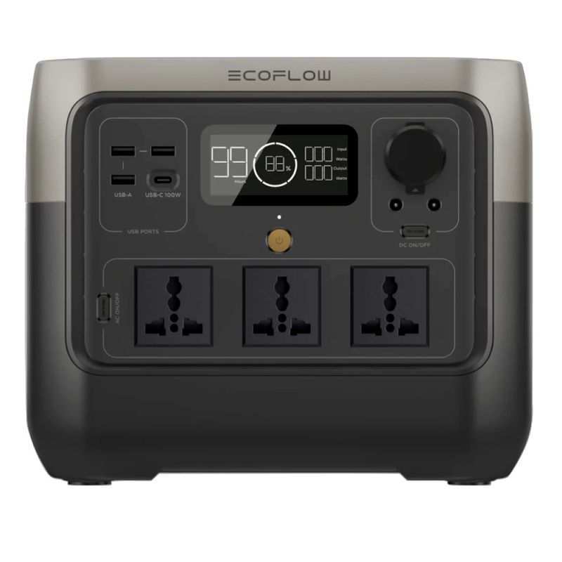 Estación de energía portátil EcoFlow River 2 Pro 800W recargable gris oscuro vista frontal uso exterior