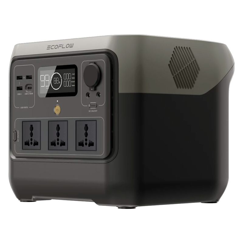 Estación de energía portátil EcoFlow River 2 Pro 800W recargable gris oscuro vista frontal uso exterior