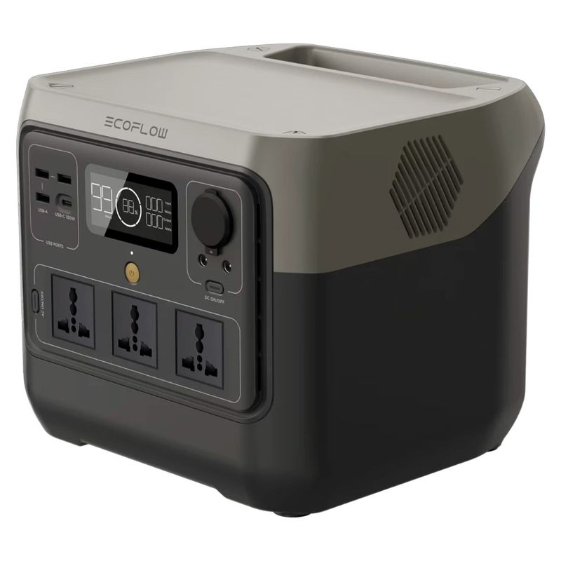 Estación de energía portátil EcoFlow River 2 Pro 800W recargable gris oscuro vista frontal uso exterior