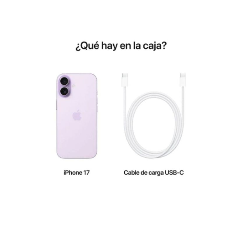 Apple iPhone 17 256GB 5G cámara 48MP pantalla 6.3 pulgadas lavanda vista con accesorios