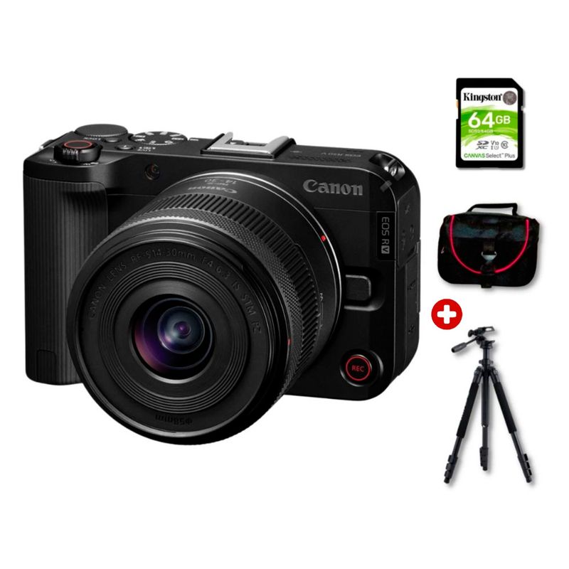 Cámara mirrorless Canon EOS R50 V 24.2MP lente 14-30mm 4K negro vista con accesorios