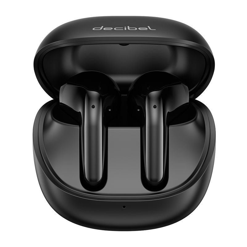 Audífonos bluetooth True Wireless Decibel Air batería 7.5 horas negro vista frontal estuche de carga abierto