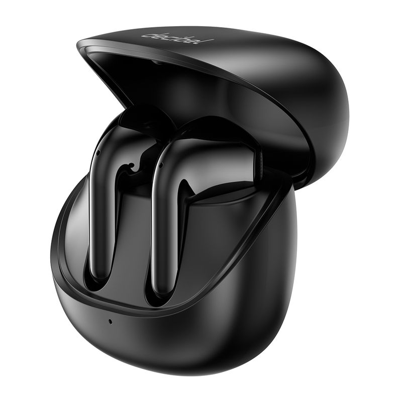 Audífonos bluetooth True Wireless Decibel Air batería 7.5 horas negro vista perspectiva estuche de carga abierto