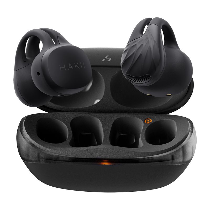 Audífonos bluetooth True Wireless Hakii Link resistencia al agua IPX5 negro vista frontal estuche de carga abierto con audífonos