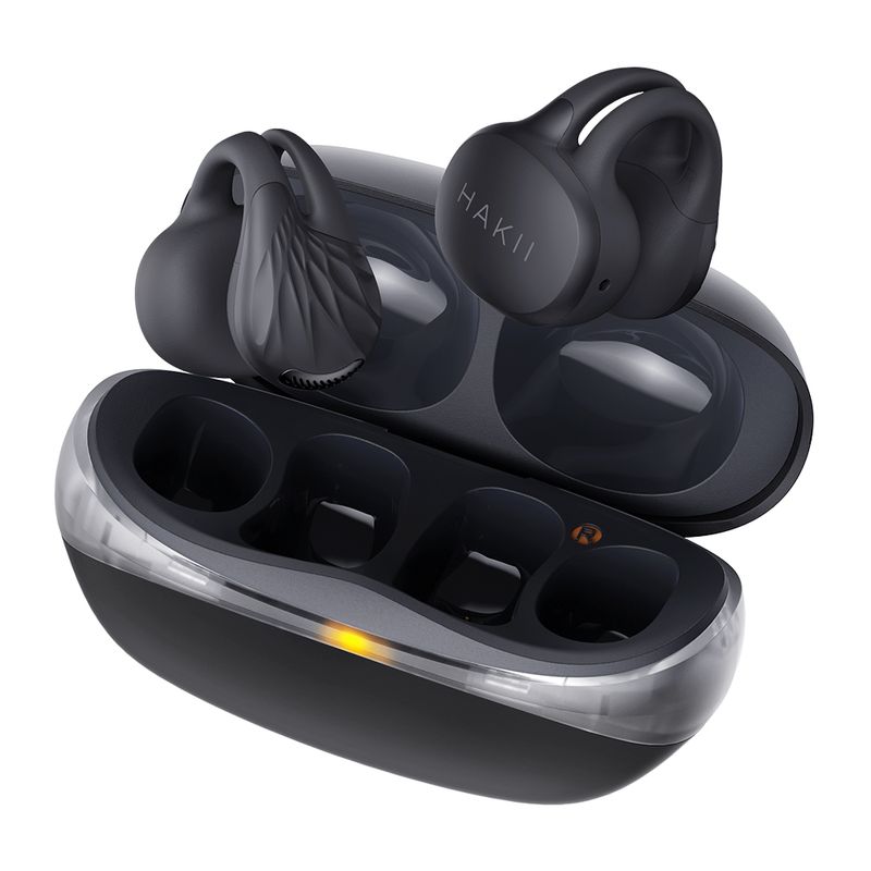 Audífonos bluetooth True Wireless Hakii Link resistencia al agua IPX5 negro vista perspectiva estuche de carga abierto con audífonos