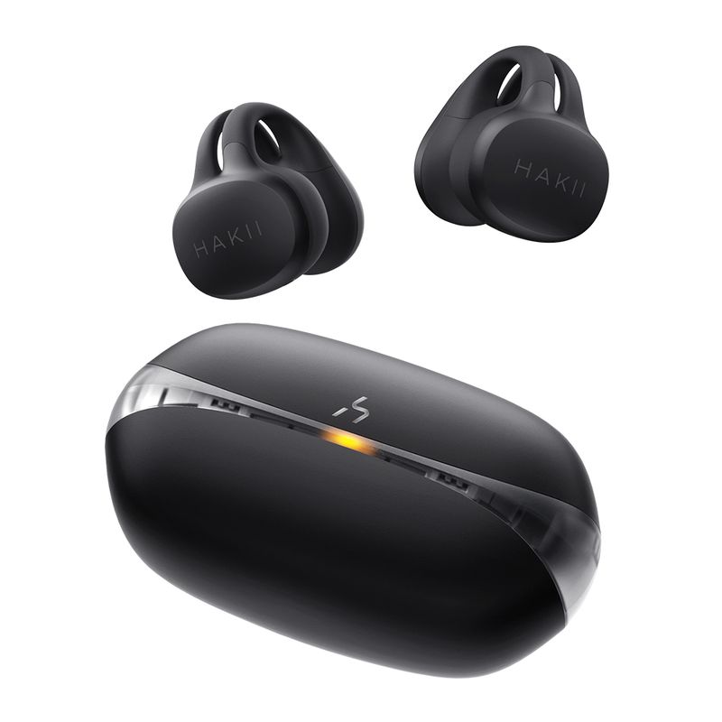 Audífonos bluetooth True Wireless Hakii Link resistencia al agua IPX5 negro vista frontal estuche de carga cerrado con audífonos