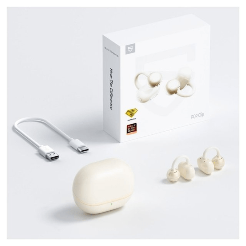 Audífonos Bluetooth SoundPeats Pop Clip True Wireless IPX5 30 horas beige vista con estuche