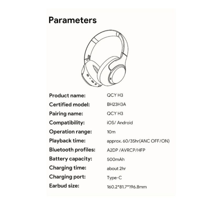 Audífonos Bluetooth Over Ear QCY H3 ANC cancelación de ruido blanco vista frontal especificaciones técnicas