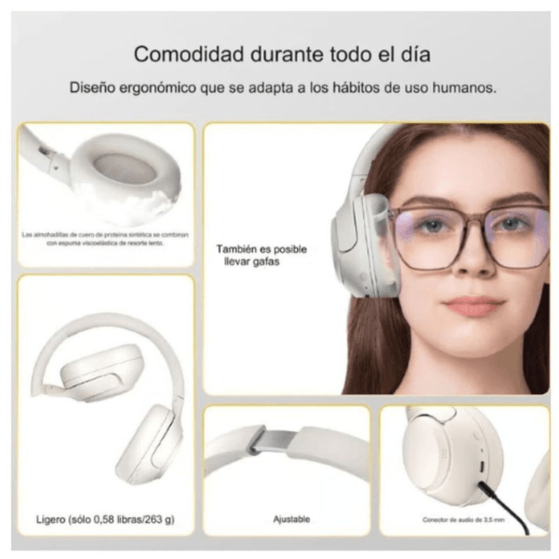Audífonos Bluetooth Over Ear QCY H3 ANC cancelación de ruido blanco vista comparativa comodidad de uso prolongado