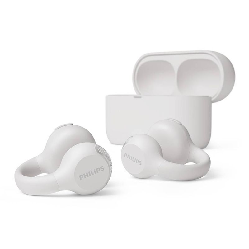 Audífonos bluetooth True Wireless Philips TAQ2000WT, resistencia al agua IPX4, blanco, con estuche en ángulo frontal oblicuo