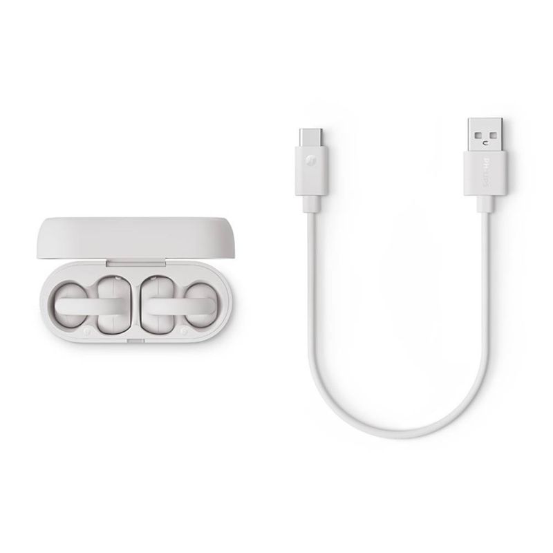 Audífonos bluetooth True Wireless Philips TAQ2000WT, resistencia al agua IPX4, blanco, con estuche y cable de carga en ángulo cenital