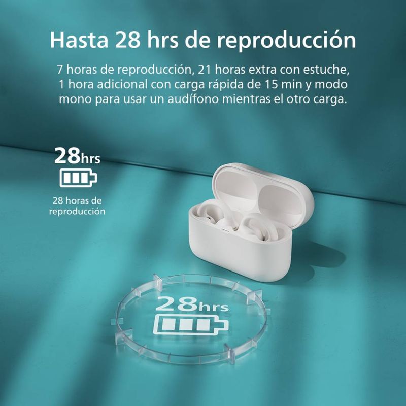 Audífonos bluetooth True Wireless Philips TAQ2000WT, resistencia al agua IPX4, blanco, especificaciones