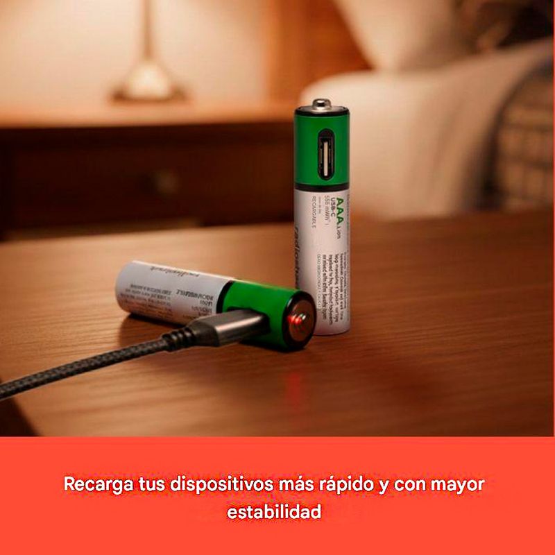Pilas AAA Radioshack USB Tipo C 2200mAh detalle de carga directa
