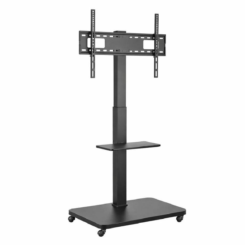 Rack pedestal Radioshack para TV 32 a 65 negro frontal oblicuo