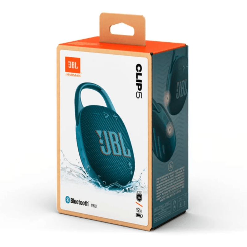 Parlante bluetooth JBL Clip 5 7W resistente al agua IP67 azul vista frontal oblicuo empaque