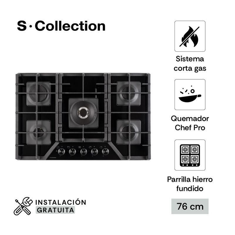 Encimera a gas Scollection 5 hornillas vidrio templado negro especificaciones
