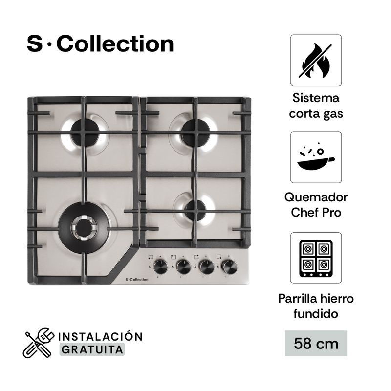 Encimera a gas SCollection 4 quemadores acero inoxidable especificaciones