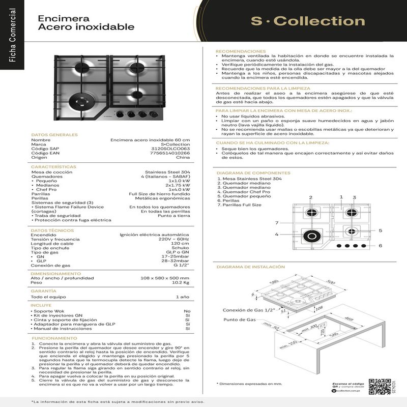 Encimera a gas SCollection 4 quemadores acero inoxidable información de especificaciones