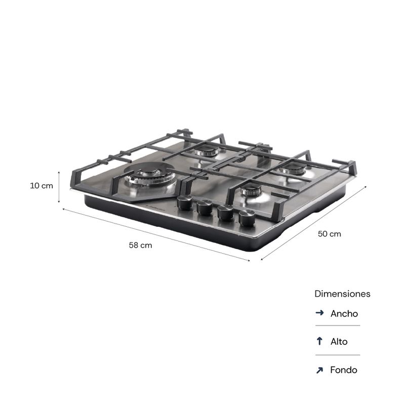 Encimera a gas SCollection 4 quemadores acero inoxidable especificaciones vista frontal oblicua dimensiones