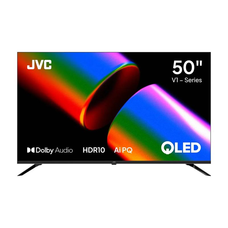 Televisor JVC modelo LT-50KM758 50 pulgadas QLED 4K UHD Google TV color negro vista frontal