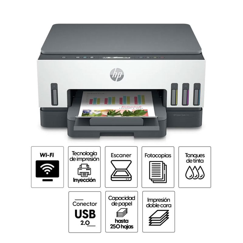 Impresora multifuncional HP Smart Tank 720 duplex reempacada especificaciones
