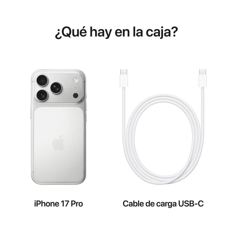 Smartphone Apple iPhone 17 Pro diseño premium color silver vista contenido de la caja