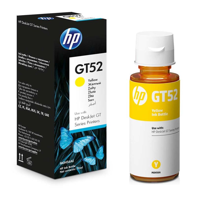 Tinta HP GT52 amarillo rinde hasta 8000 páginas Frontal y dorsal