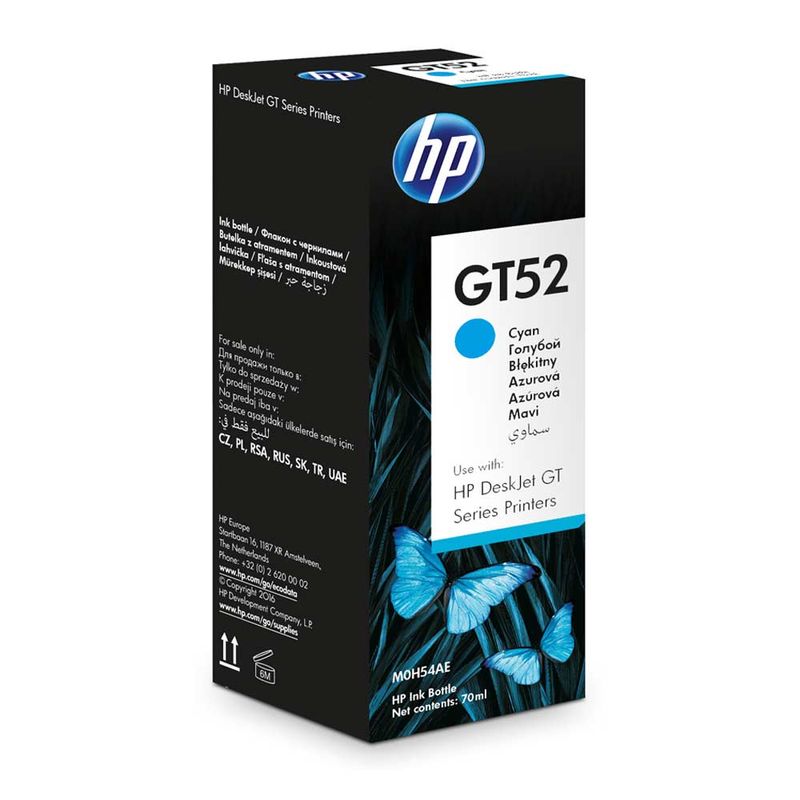 Tinta HP GT52 cyan rinde hasta 8000 páginas frontal