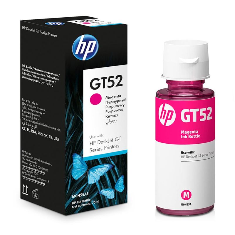 Tinta HP GT52 magenta rinde hasta 8000 páginas Frontal y dorsal