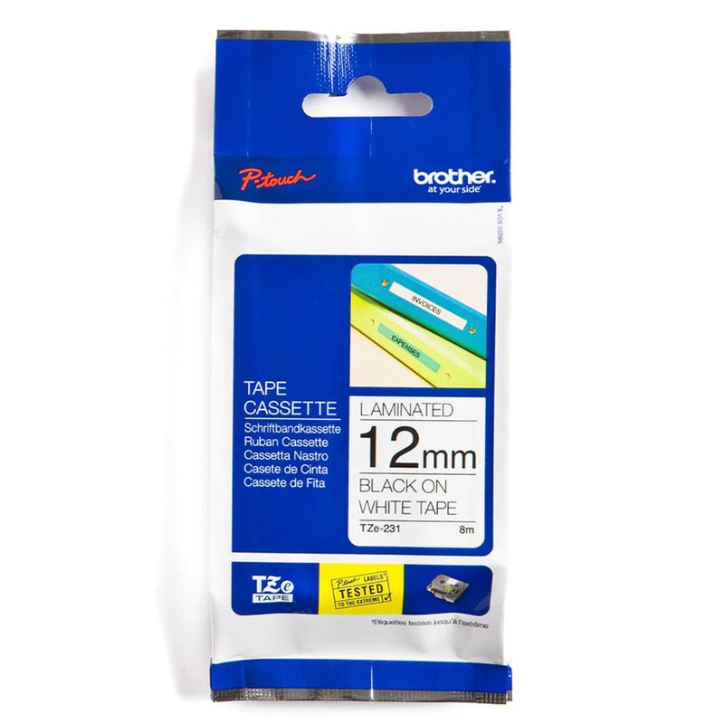 Cinta Brother TZE231 12mm blanco texto negro 8m producto empaque